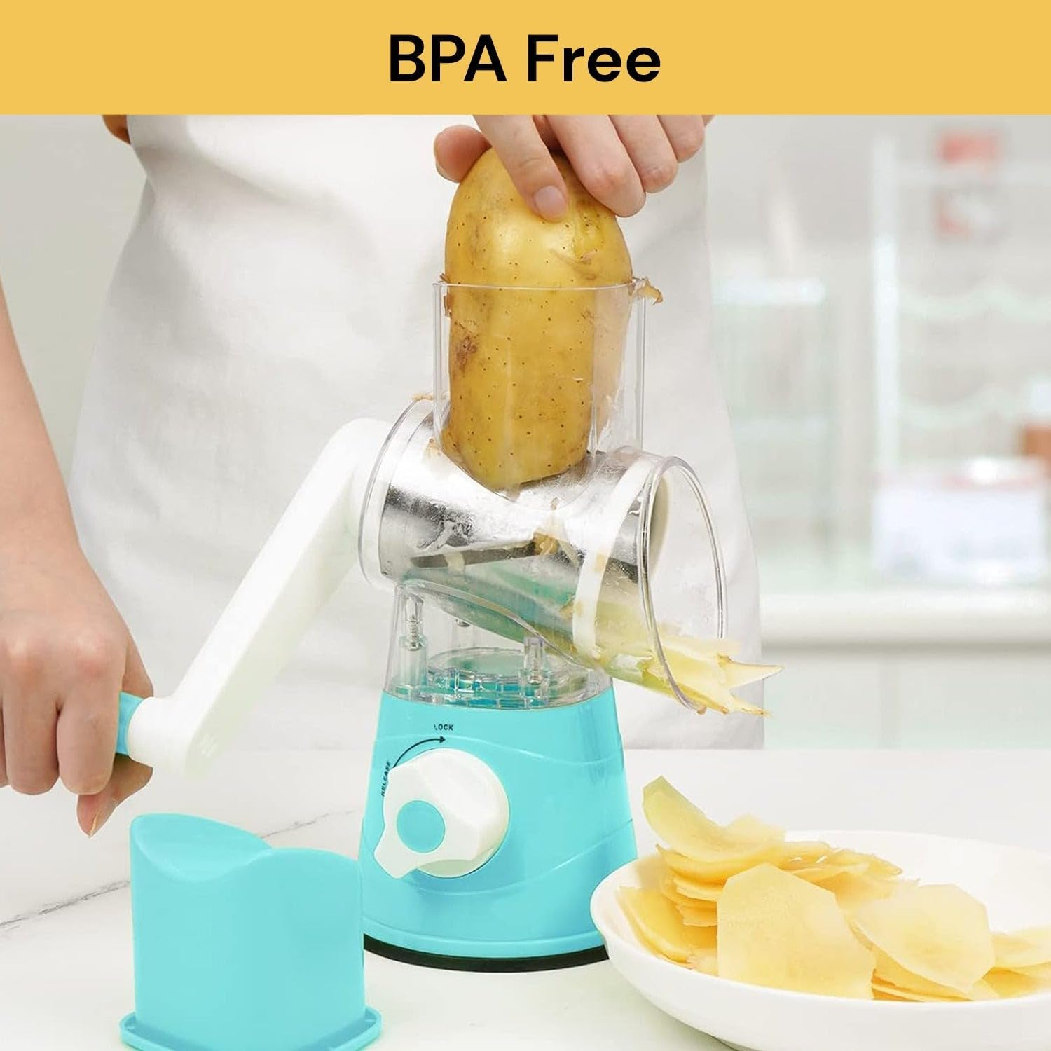 EZONEDEAL Multi-Functional 3 in 1 Vegetable Fruit Cutter Slicer Cheese Shredder, Speedy Rotary Drum Grater Slicer with 3 Stainless Steel Blade Hand-Pedal Chopper (Green) image number 3