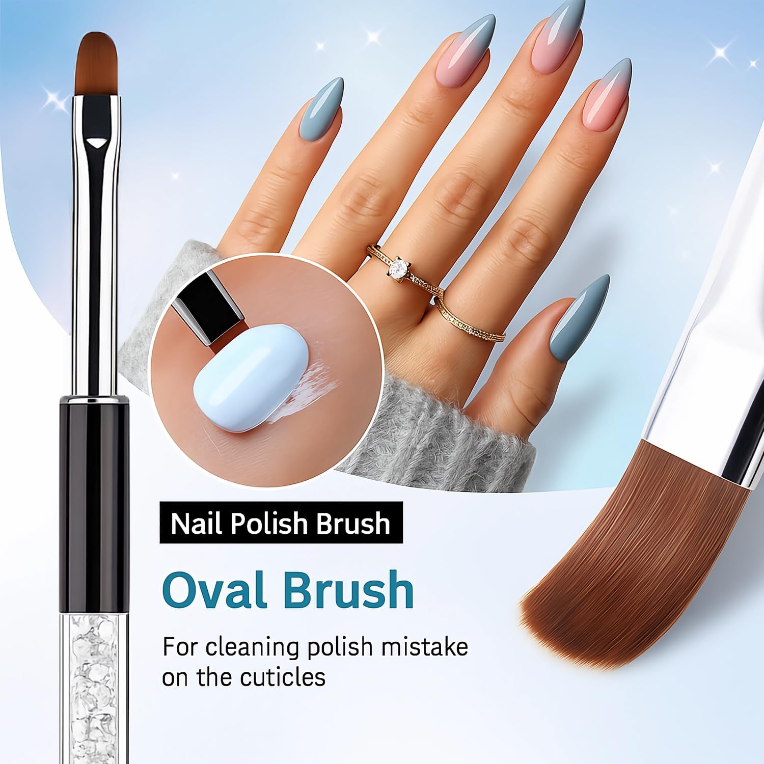 2Pcs Oval & Flat Nail Gel Brush Set &ndash; Acrylic Nail Art Brushes with Rhinestone Handle &ndash; UV Builder Gel Brush for Acrylic Nails, DIY & Salon Use image number 2