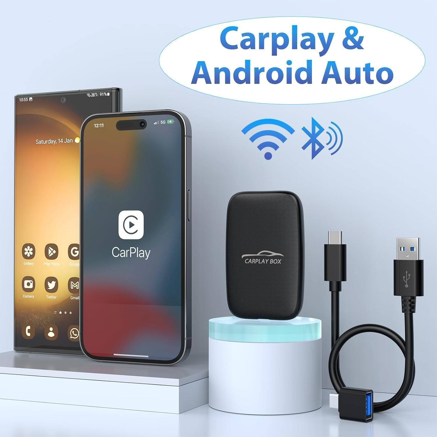 Wireless Carplay Adapter and Android Auto Wireless Support Netflix/Youtube/Tf Card,Carplay Wireless Adapter with USBA-C and USBC-C Cables for Iphone Android image number 2