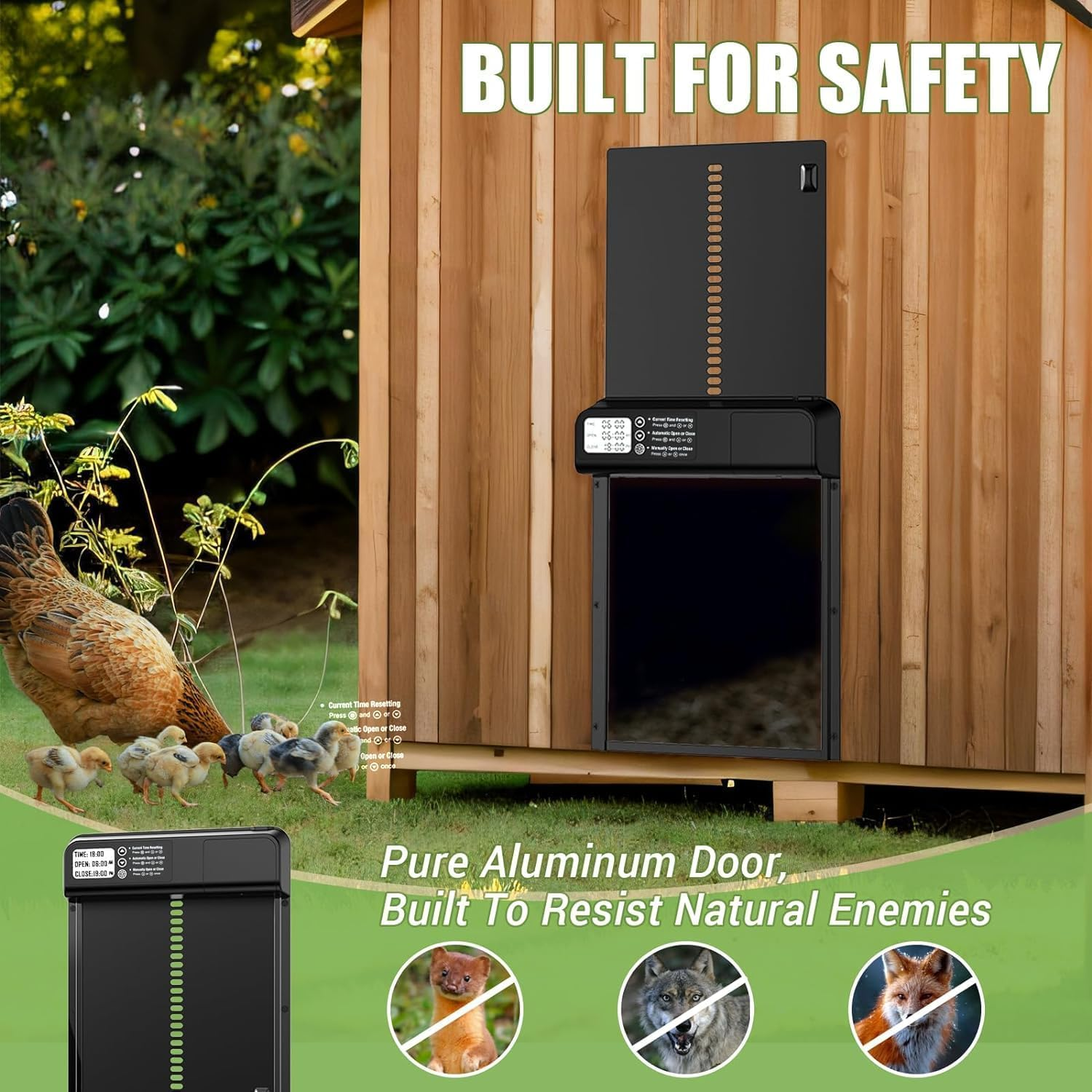 Chicken Coop Door Opener with Timer Control, Anti-Pinch Protection, Aluminum Door, Battery Powered LCD Screen, Weatherproof, Low Battery Alert, Easy Installation for Poultry image number 5