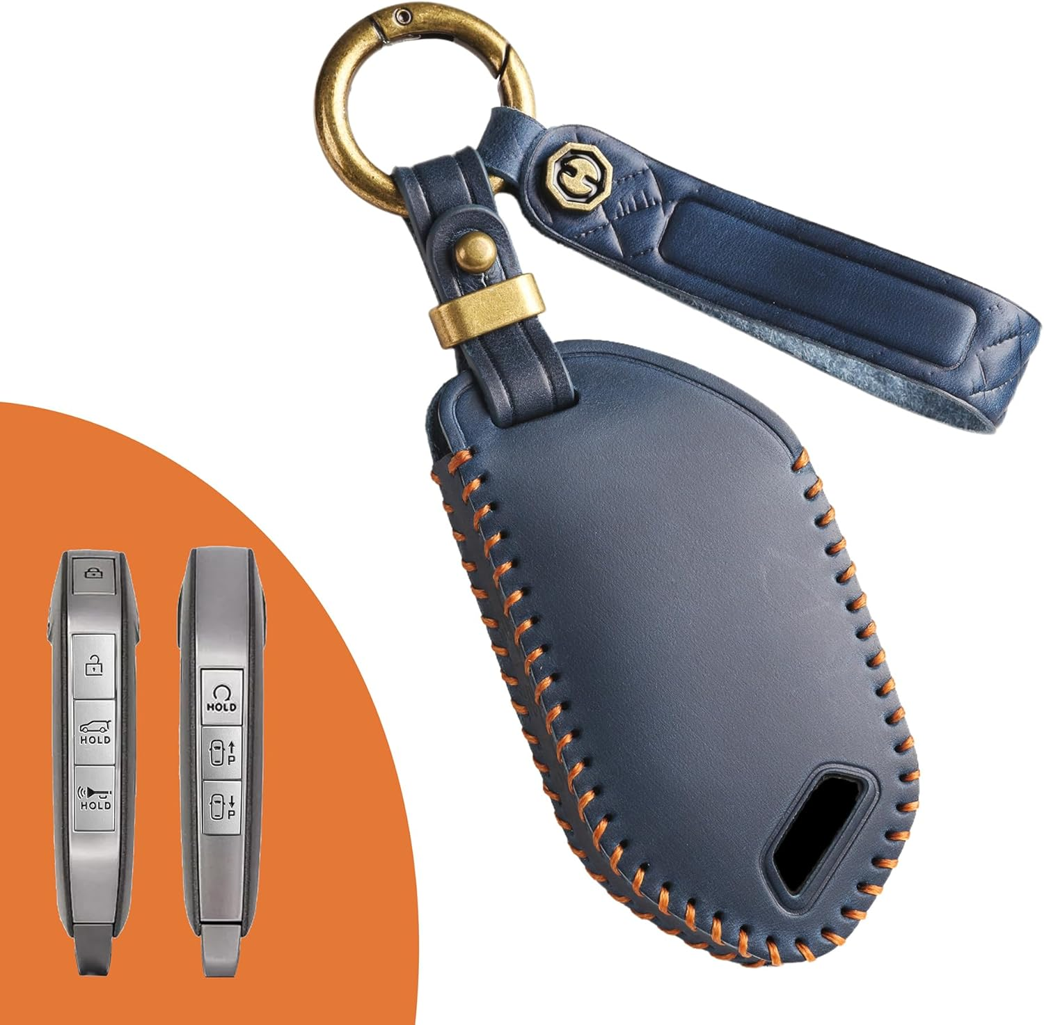 Ontto Cowhide Car Key Cover Fit for Kia Telluride 2023 2024 Sorento EV9 2024 2025 Keyless Go Key Holder Handmade Leather Case Keyring Keychain Smart Shell Accessories Protector 7 Buttons Blue image number 5