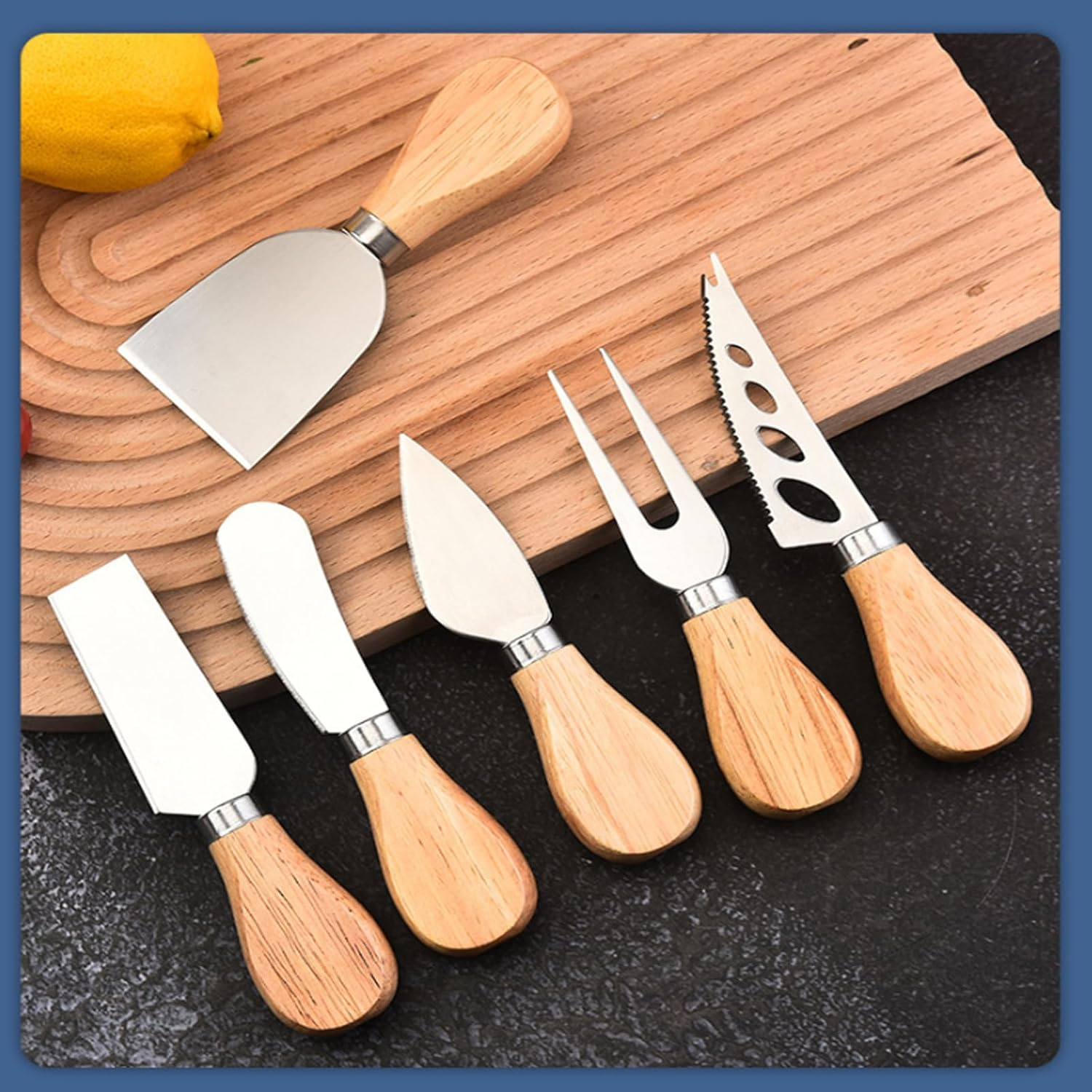 6 Piece Set of Oak Handled Cheese Kniveswooden Handle Cheese Knife Set for Charcuterie Board, Mini Steel Stainless Cheese Cutter,Cutlery Gift Set image number 3
