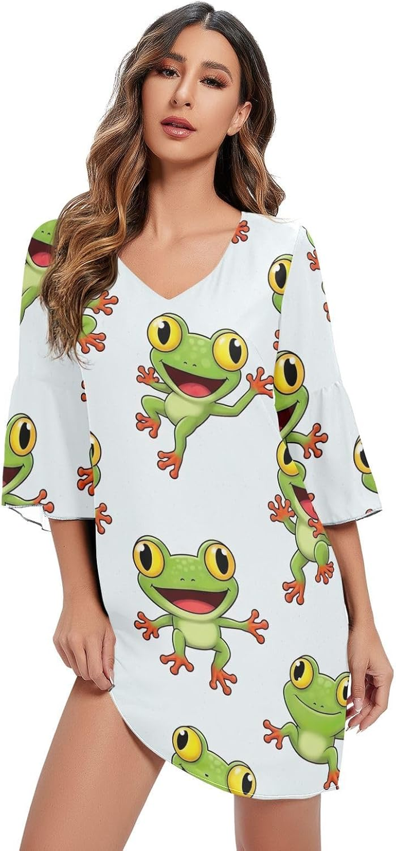 Cute Frogs White Chiffon Dress Printed Line Maternity Dress image number 1