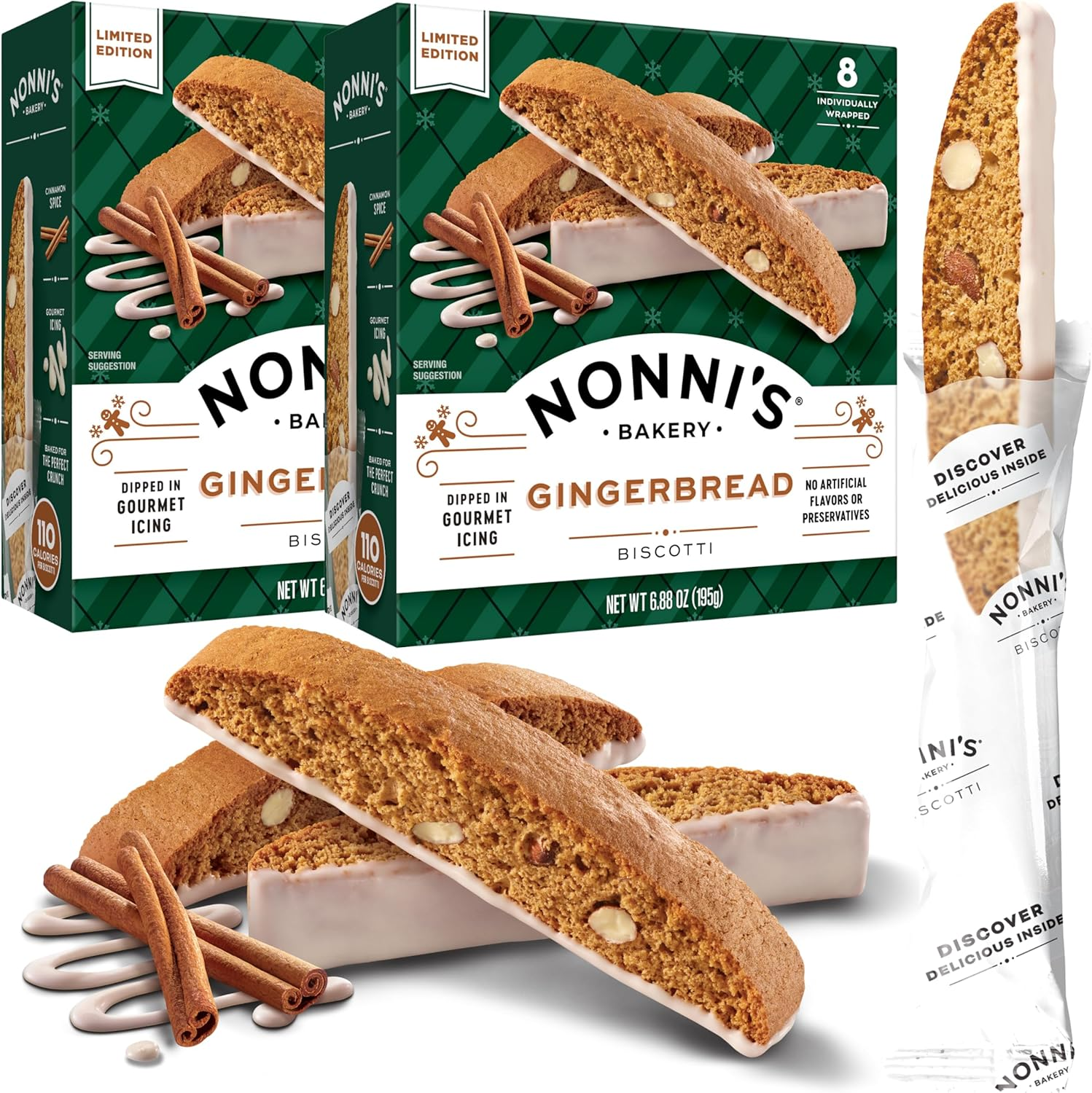 Nonni'S Gingerbread Biscotti Holiday Cookies - 2 Boxes Gingerbread Cookies - Gingerbread Christmas Cookies W/Almonds & White Icing - Biscotti Individually Wrapped Cookies - Italian Cookies - 6.88 Oz image number 5