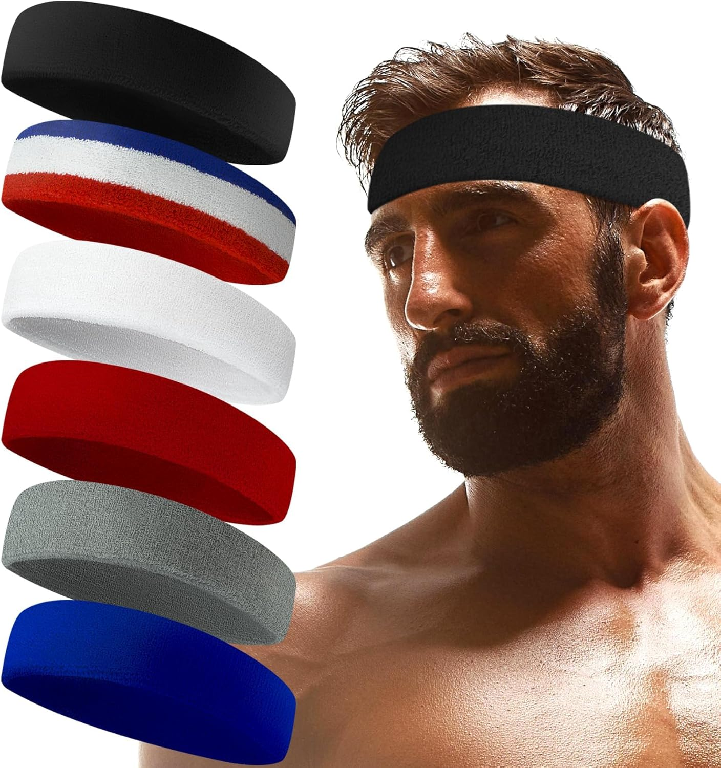 Sweatbands Sports Headband for Men & Women - Terry Cloth Moisture-Wicking Sports Towel Headband for Tennis, Basketball, Running, Gym, and Fitness Working Out image number 2