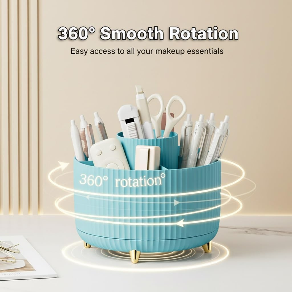 Spinning Makeup Brush Holder, 360&deg; Rotating Makeup Brush Organizer with 5 Slots, Large Capacity Cosmetic Storage Cup for Makeup Brushes, Lipsticks, Nail Polish, Bathroom Vanity Organizer(Blue) image number 5