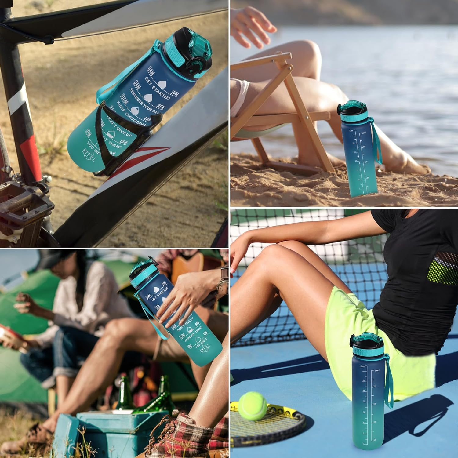 Geeric Sports Water Bottle, 1 Litre Drinking Bottle with Scale & Time Marker Leak-Proof Large Capacity Bottle Straw Cap Durable for Teenager, Adult, Sports, Gym, Fitness, Outdoor, Cycling 32Oz/1000Ml - Blue image number 6