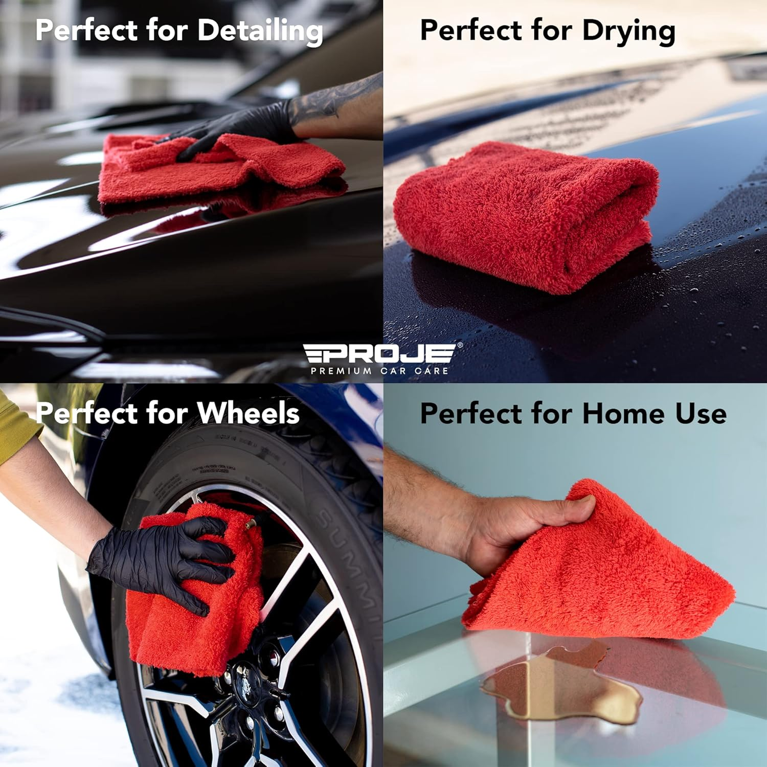 Proje Premium Car Care Microfiber Towel | Plush Red Microfiber Towel for Detailing and Polishing Cars | Ultra Absorbent Towel | Streak Free and Scratch Proof | 450 GSM 16"X16" Towel | Pack of 6 image number 2