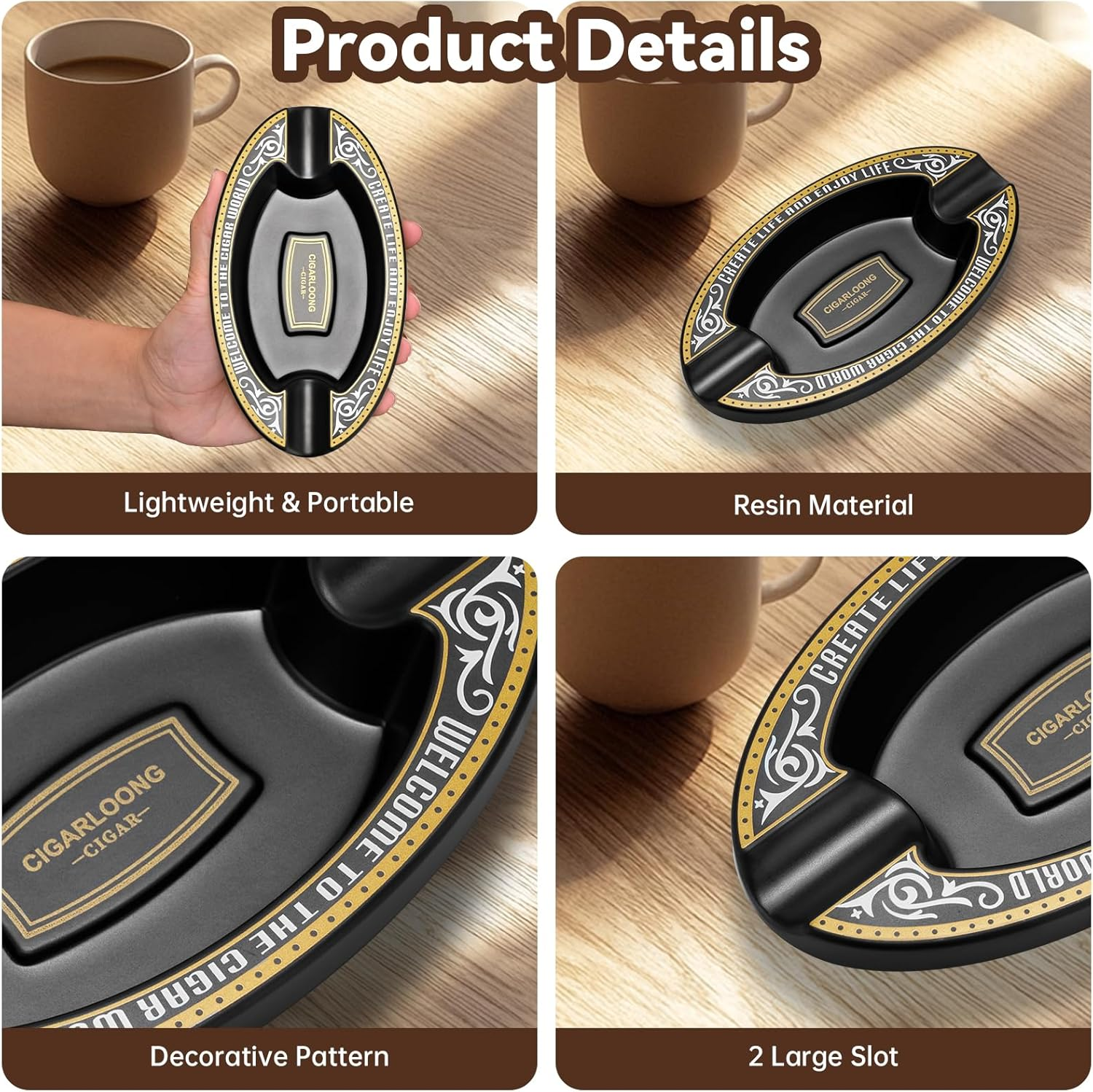 Outdoor Cigar Ashtray, Resin Ashtray, Portable Oval Cigar Ashtray with 2 Slot for Home, Patio, Travel Use(Black) - Gold image number 5