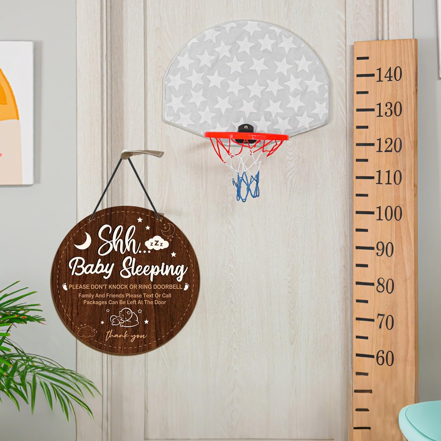 Baby Sleeping Sign for Front Door - Shejdgart Please Do Not Knock or Ring Doorbell Sign Shhh Baby Sleeping Door Hanger Wooden No Soliciting Doors Signs for Nursery Home Bedroom School Decor image number 4