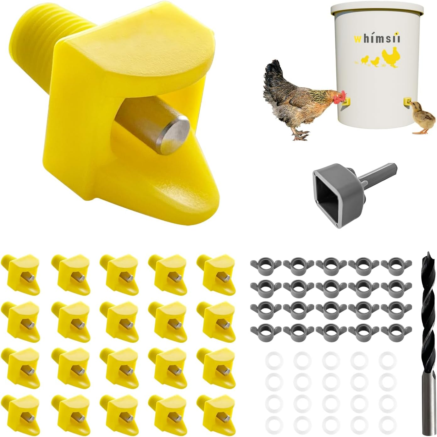 Chicken Waterer Nipples, Horizontal Side Mount, Anti-Leak Automatic Water System for Poultry, Suitable for Chickens, Duck, Quail, Includes Drill Bit & Installation Tool (Yellow, 15 Nipples) image number 4