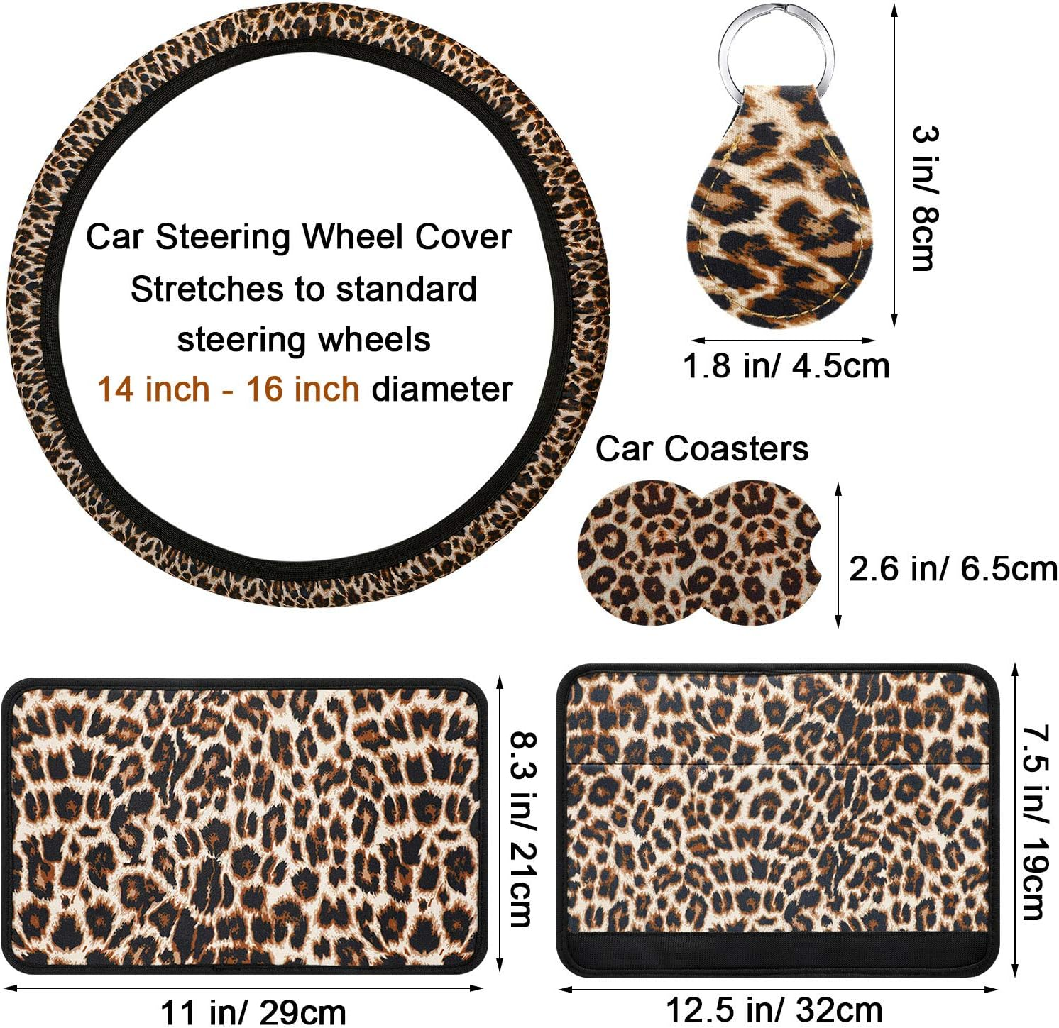 10 Pieces Leopard Print Car Decorations, Includes Leopard Front Seat Covers, Steering Wheel Cover, Leopard Car Coasters, Armrest Pad Cover Seat Belt Pads and Keychain Wrist Strap for Universal Cars