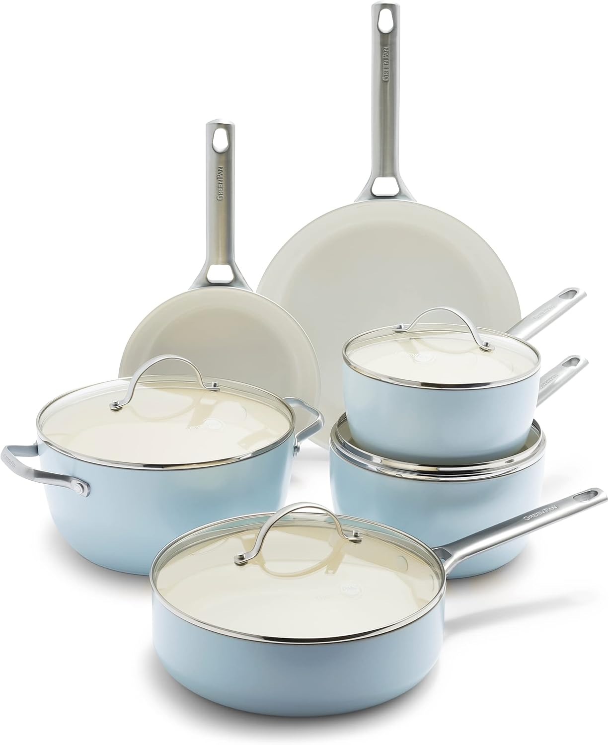 Greenpan Padova Hard Anodized Healthy Ceramic Nonstick, 10 Piece Cookware Pots and Pans Set, Pfas-Free, Dishwasher Safe, Light Blue