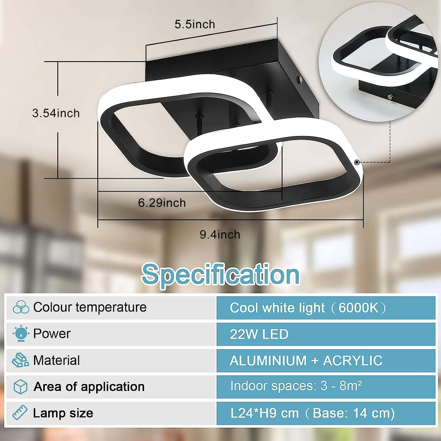 KEPHTH LED Ceiling Light Modern Square LED Ceiling Lamp 6000K White Ceiling Lighting Fixture for Kitchen Bedrooms Hallway Office image number 6