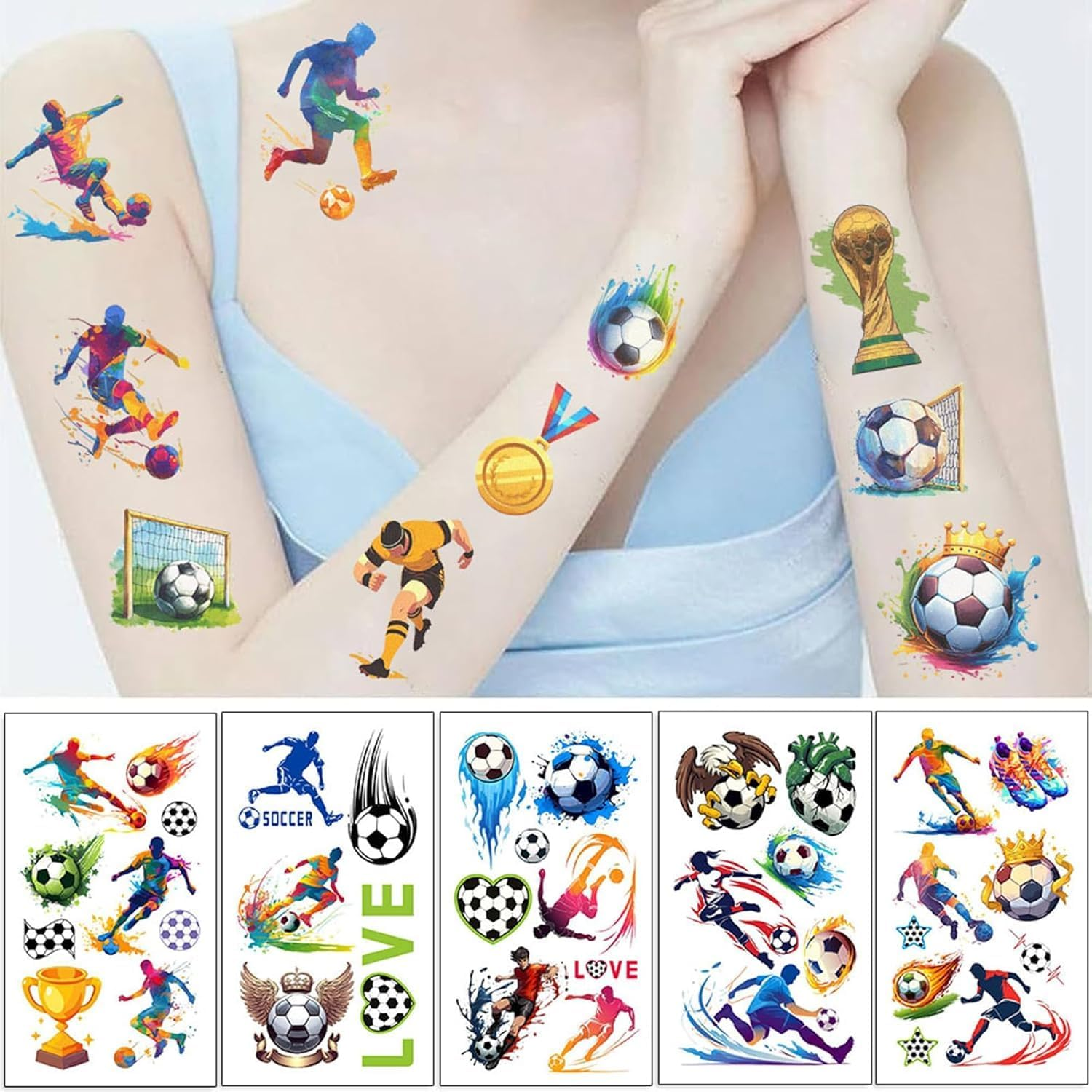 BUYUP 10 Sheets Soccer Sport Temporary Tattoos Birthday Themed Party Supplies Decoration Favors Cartoon Cute Sticker for Kids Boys Home Activity Class Prizes Carnival Christmas Rewards (Soccer) image number 3
