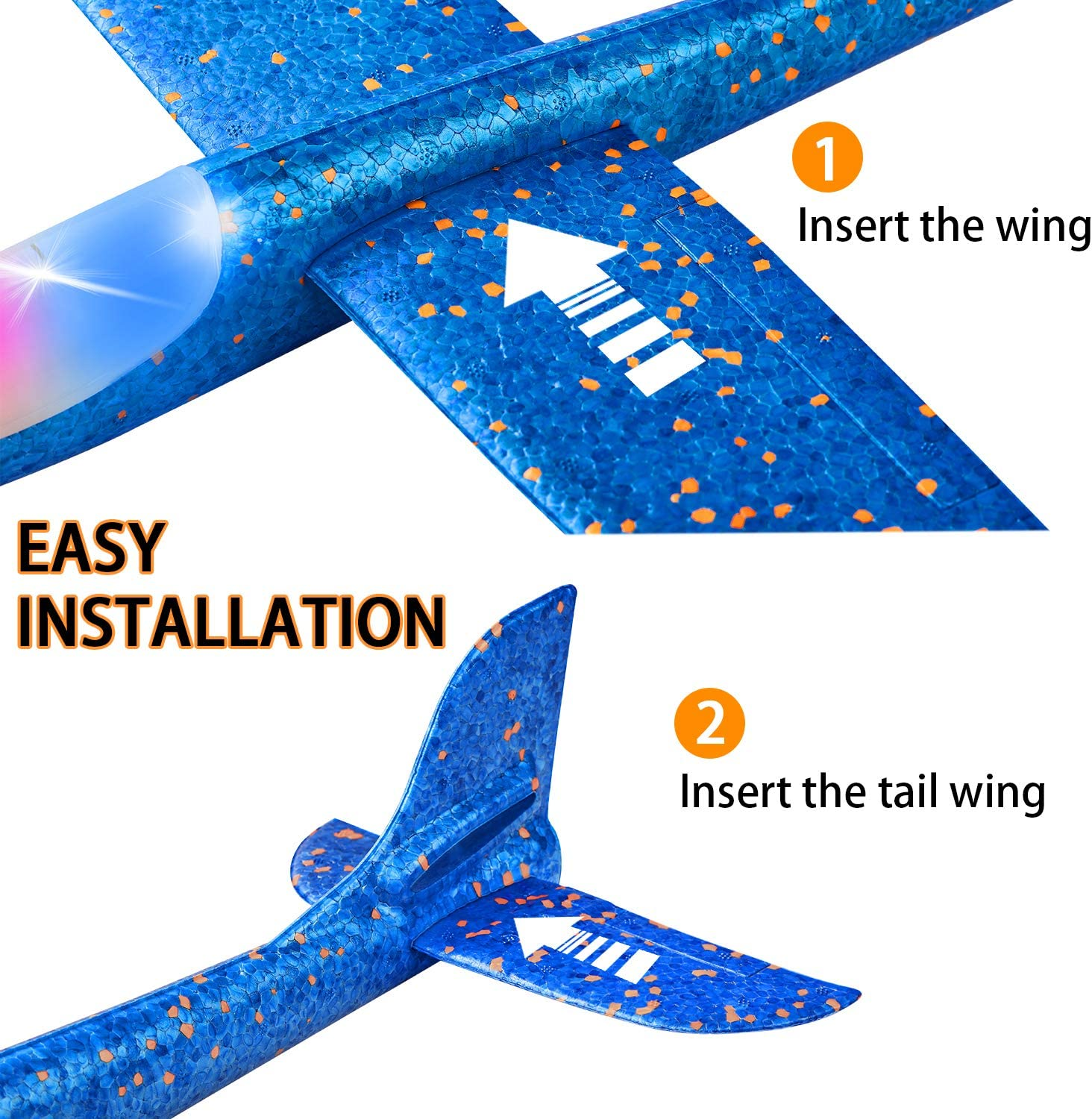 2 Pack LED Light Airplane, 17.5" Large Throwing Foam Plane, 2 Flight Mode Glider Plane, Flying Toy for Kids, Gifts for 3 4 5 6 7 Year Old Boy, Outdoor Sport Toys Birthday Party Favors Foam Airplane image number 1