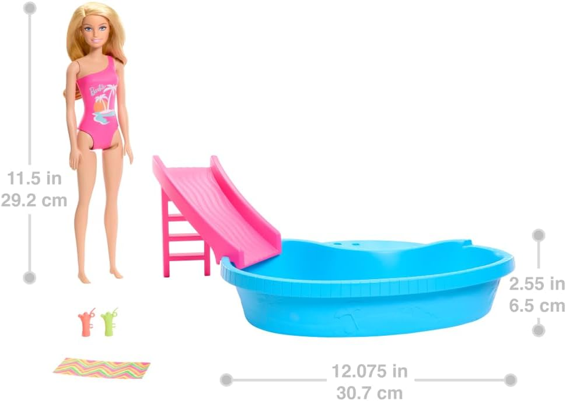 Barbie Doll and Pool Playset, Blonde in Tropical Pink One-Piece Swimsuit with Pool, Slide, Towel and Drink Accessories image number 1