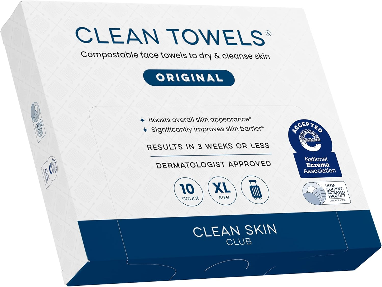 Clean Skin Club Clean Towels XL, 100% USDA Biobased, Clinically Tested Disposable Face Towel, Face Wash Cloth, Makeup Remover Dry Wipes, 3 Pack Travel Pack, 30 Ct image number 1