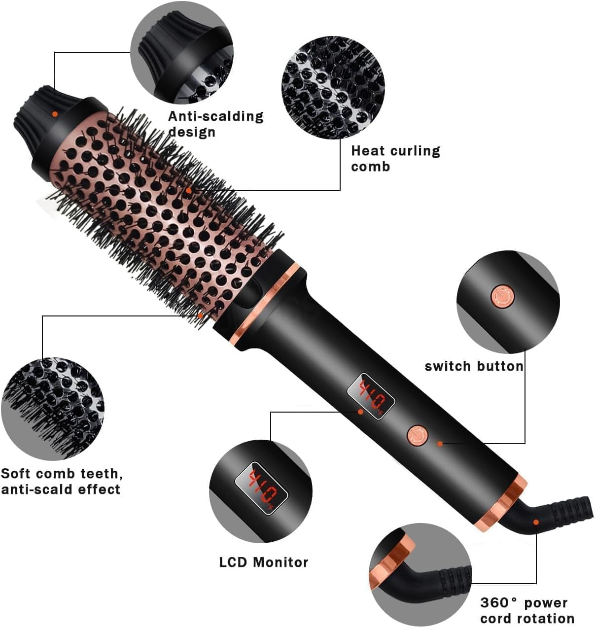 Forubar Thermal Curling Iron Brush, Volumizing Heated round Brush with Ceramic Tourmaline Ionic Technology, Dual Voltage Travel Hairbrush, LCD Display, 10 Temperature Settings image number 4