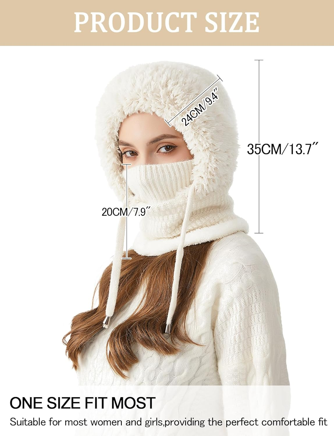 KEOYA Women'S Knit One-Piece Hat with Scarf Elastic Face Mask Fleece Balaclava with Drawstring Winter Warm Ski Beanie Cap image number 4