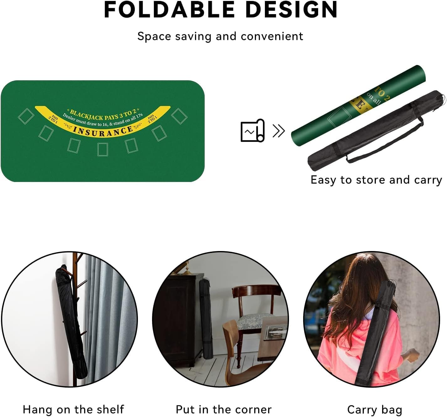 180 * 90Cm Poker Mat for Table with Carrying Bag, Professional Casino Blackjack Tabletop Layout Poker Table Mat (Blackjack A) image number 3