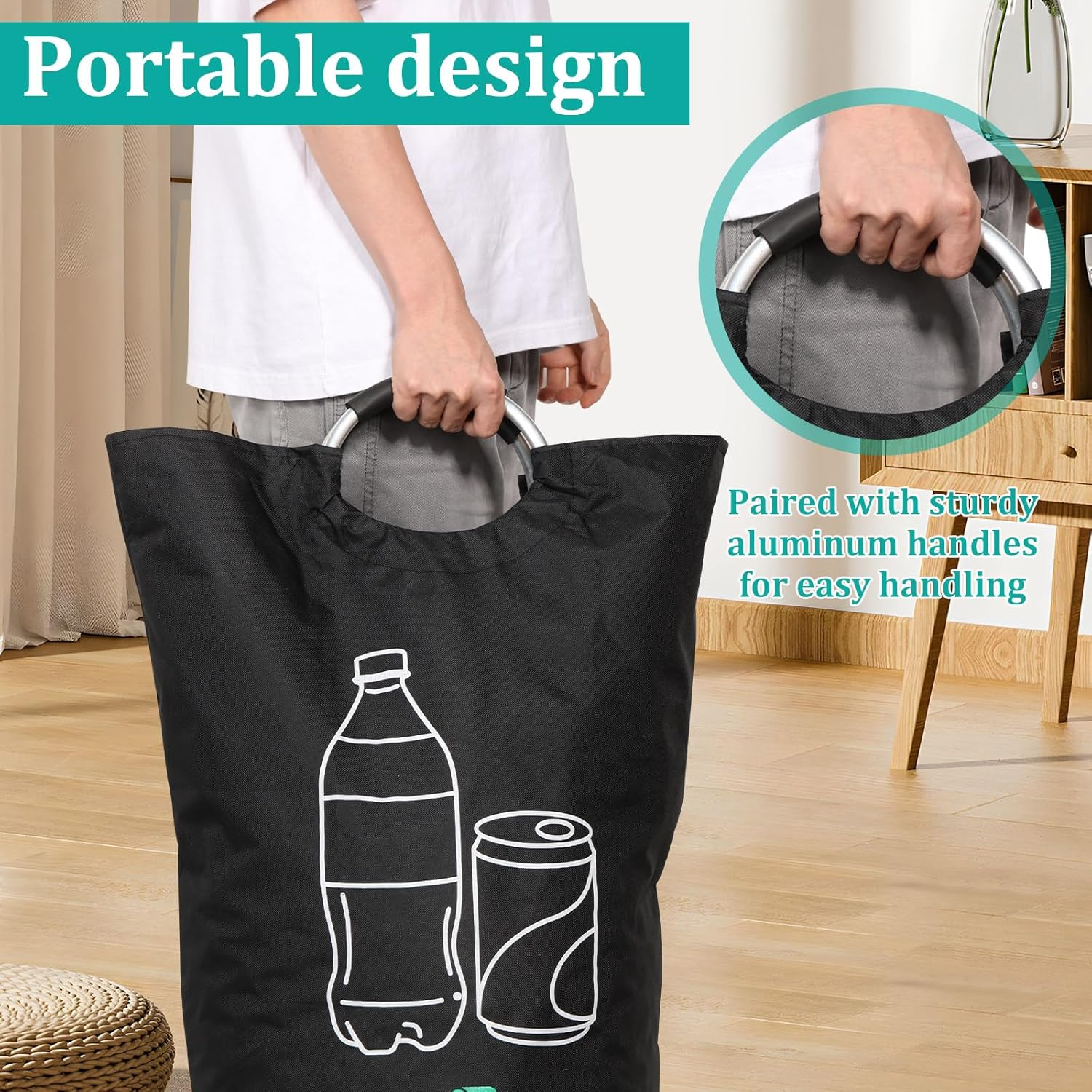 Recycling Waste Bin Reusable Recycle Bin 82L Deposit Bottle Collection Container with Aluminum Handles Waterproof Foldable Deposit Bottle Storage for Kitchen Home Office Outdoor Use(Black-1-82L) - Black-2-82L image number 5