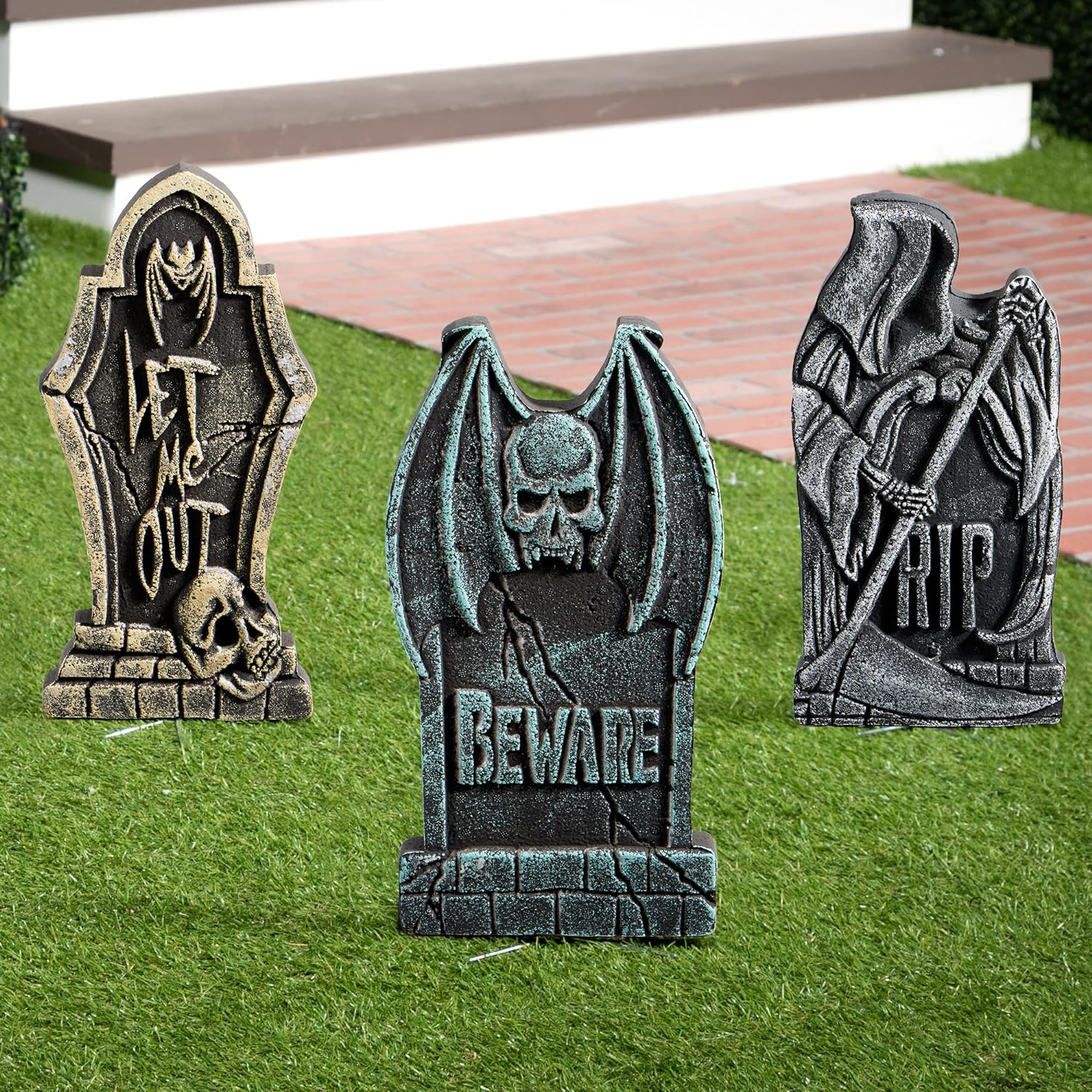 JOYIN 17&rdquo; Halloween Decorations Outdoor Tombstones, 5 Pack Halloween Foam Graveyard Headstone Decorations with 12 Bonus Metal Stakes for Yard Lawn outside Decor