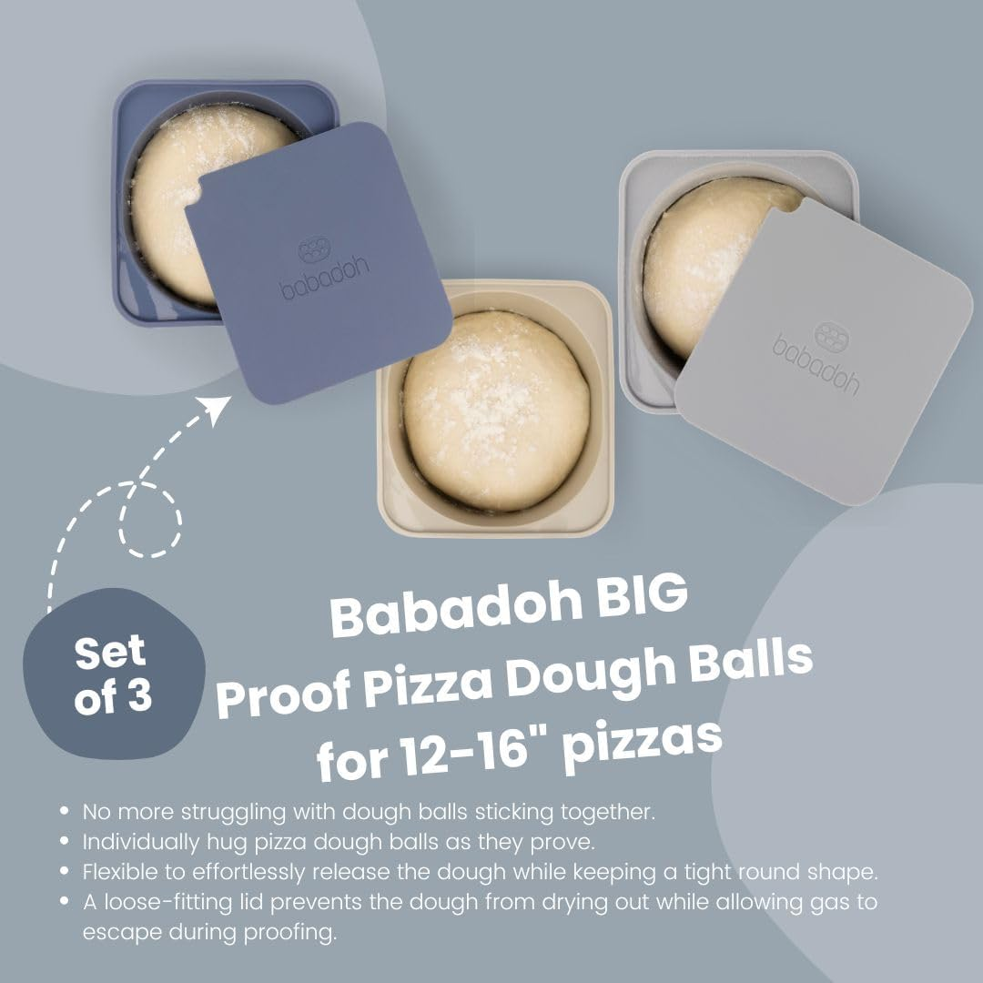 Babadoh Big Pizza Dough Proofing Silicone Containers with Lids | Pizza Making Accessories | Set of 3 | Multi Blue (1 Dough, 1 Smoke, 1 Steel) | Big Size (Make 12"-16" Pizzas)