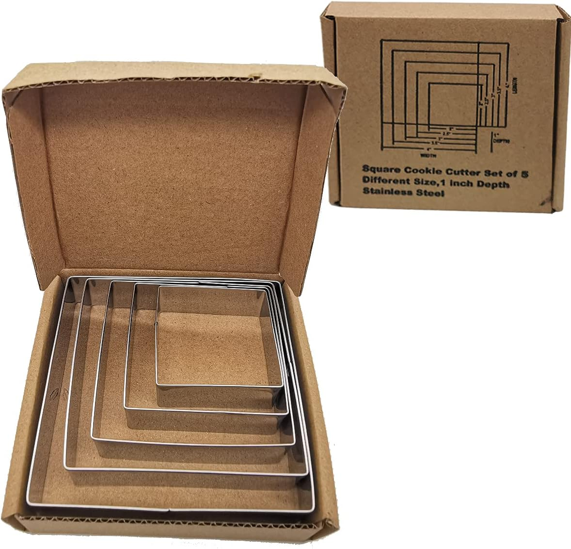 Square Cookie Cutter Set-5 Pack Stainless Steel Square Biscuit Molds Fondant Cake Cookie Cutter Set Pastry Mold-2",2.5", 3", 3.5",4" image number 2