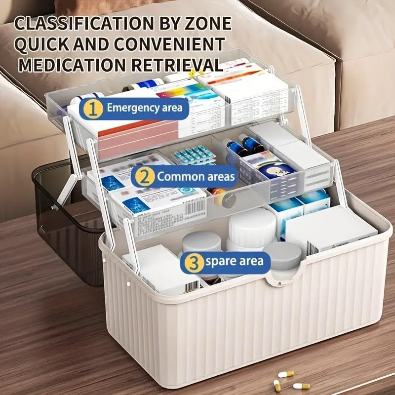 AIMALL Large-Capacity Multi-Layer Medicine Box with Lockable Transparent Lid &ndash; Home First Aid & Drug Storage Organizer for Emergency Use &ndash; White/Blue image number 3