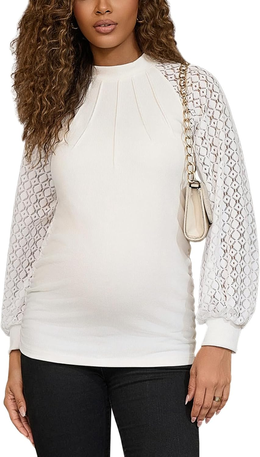 Bhome Maternity Long Sleeve Pleated Shirts for Women Business Casual Lace Tops Blouses