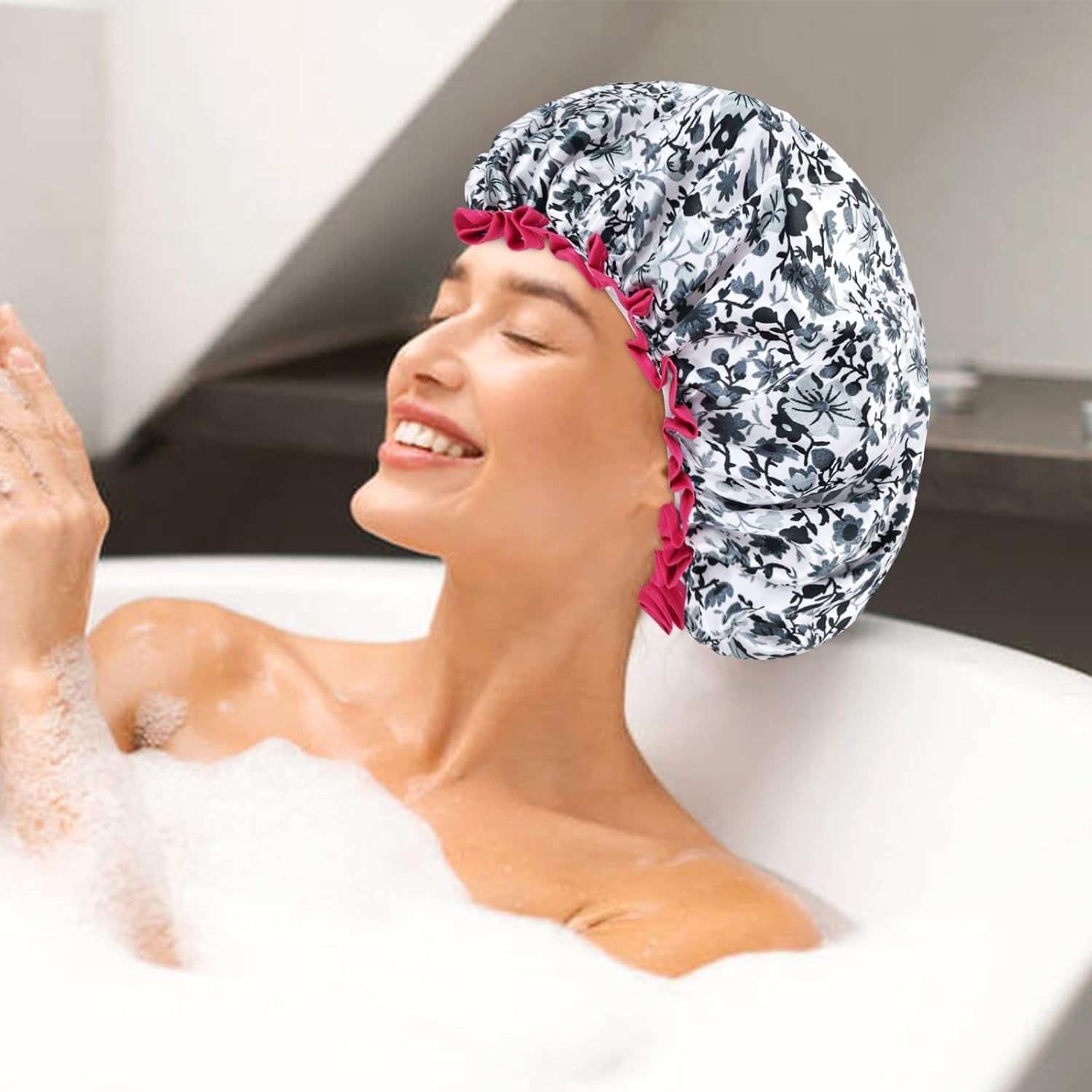 Gragra 4 Pack Waterproof Shower Caps, Reusable Thickened EVA Shower Cap for Women, Hair Caps for Showers, Dry Hair for Bathing, Swimming, SPA & Hair Dye, Fits All Hairstyles Including Long Hair & Braids image number 3