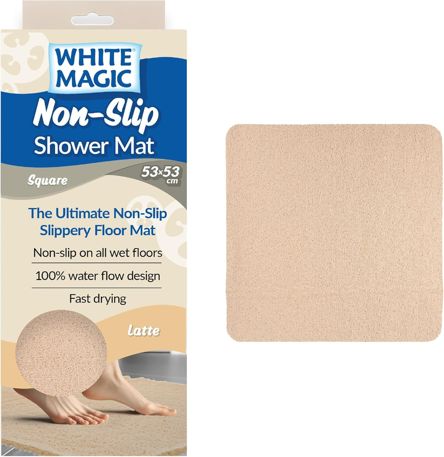 White Magic Non-Slip Shower Mat Square, 53X53 Cm, Anti-Slip, Fast Drying, 100% Water Flow, Durable & Machine Washable &ndash; Ideal for Small Showers, Bathtubs, Bathrooms, and Boats (Platnium)