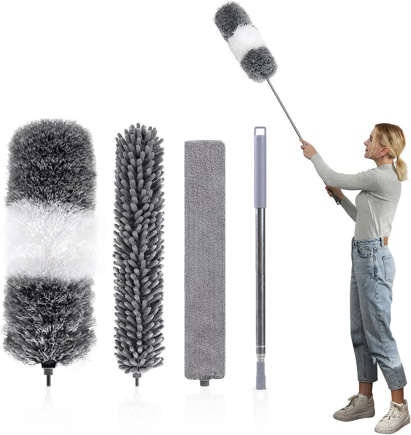 ZERIFAM Microfiber Duster Kit, 4 Pcs Microfiber Feather Duster with Extension Pole, Reusable Bendable Washable Dusters for Cleaning Ceiling Fan, High Ceiling, Blinds, Furniture, Cars (Grey/White) image number 2