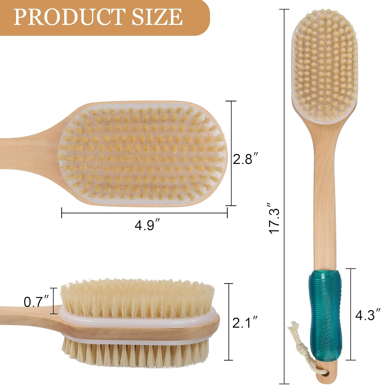 OWIIZI Back Scrubber for Shower with Soft and Stiff Boar Bristles Dual-Sided Wooden Long Handle Antiskid Body Bath Brush for Back Use Wet or Dry,Deep Cleanse Large Surface Back Scrub Brush image number 3