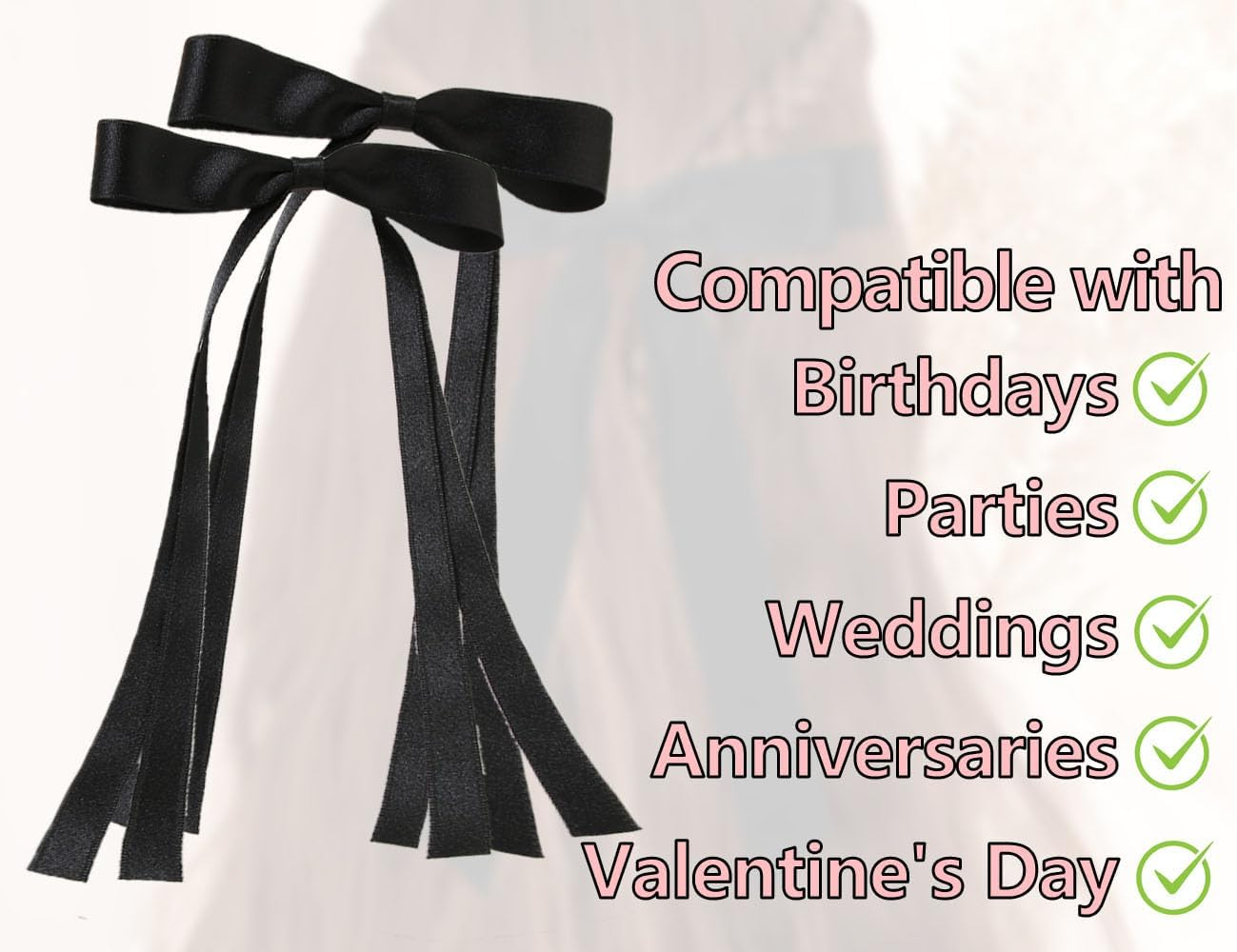 Lhbwhiz Pack of 2 Hair Bows, Silky Hair Clips, Satin Hair Pins, Hair Scrunchie, Band with Bow, Metal Hair Clip, Ponytail Holder, Hair Bow Clip, French Tassel, for Girls Hair Decoration (Black) image number 5