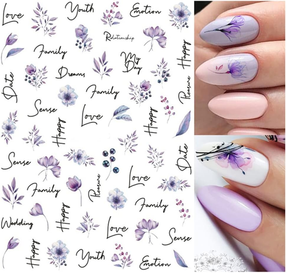 Flower Nail Art Stickers Decals, Watercolor Royalblue White Flowers 3D Nail Stickers 6PCS Butterfly Floral Leaves Nail Decals for Acrylic Nails Summer Nail Art Decorations Supplies Manicure Decor Tips image number 1