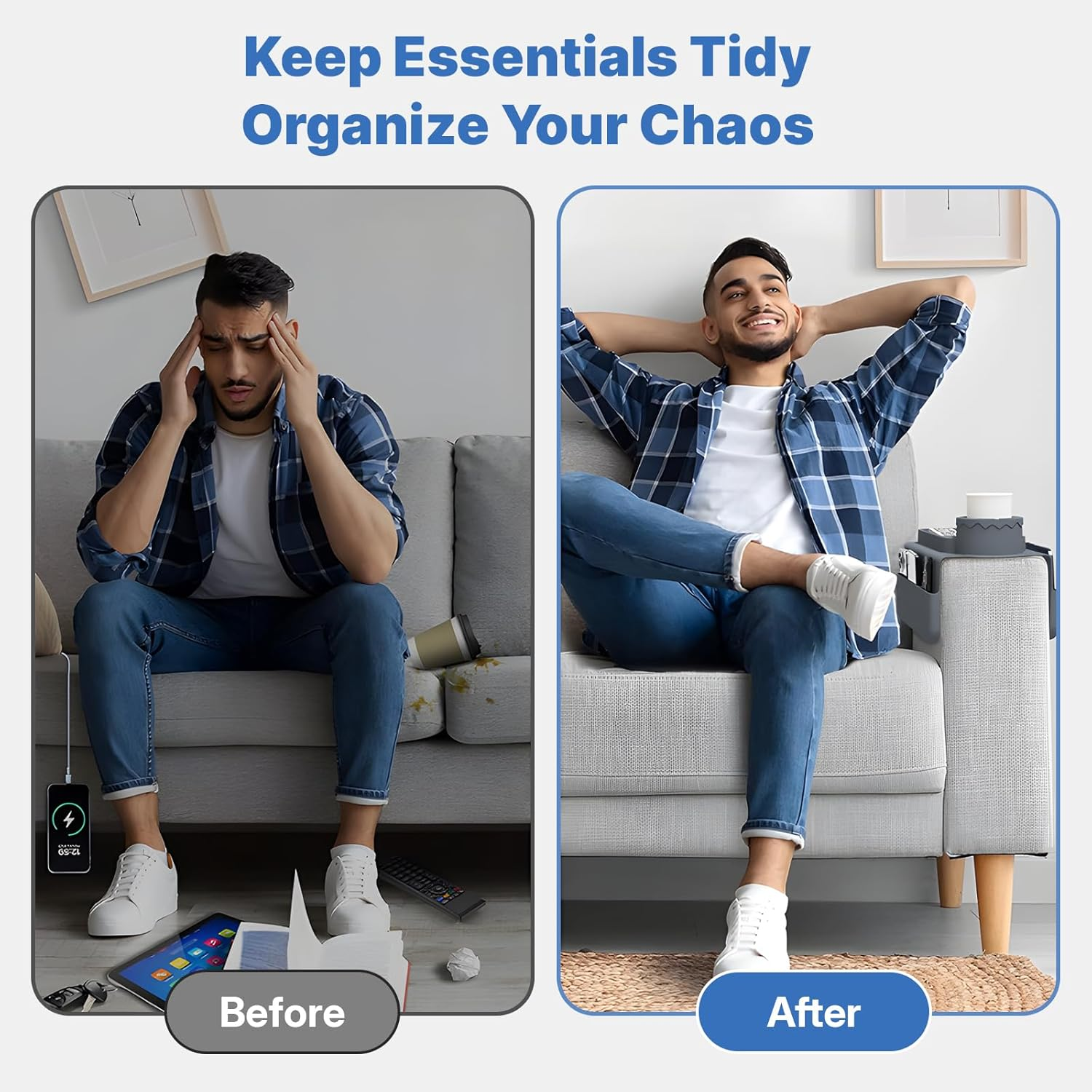 Uandhome Couch Cup Holder Tray, Silicone Sofa Armrest Organizer with Assesory Pockets for Storage Remotes, Cell-Phone,Tablet or Snack, Anti-Spill and Anti-Slip Couch Cup Holder for Drink (Gray) image number 2