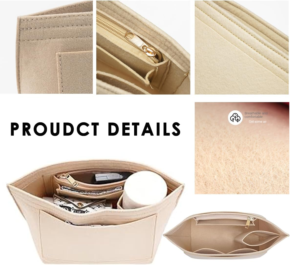 Purse Organizer Insert for Longchamp,Tote Bag Organizer Insert, Multi Pocket Felt Handbag Organizer (Beige, Large) image number 2