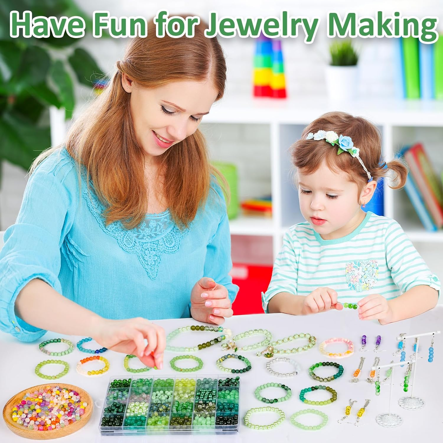 XSEINO 1200PCS 6Mm Glass Beads Bracelet Making Kit,24 Assorted Green Series Colors Crystal Beads for Jewelry Making and DIY Crafts image number 2