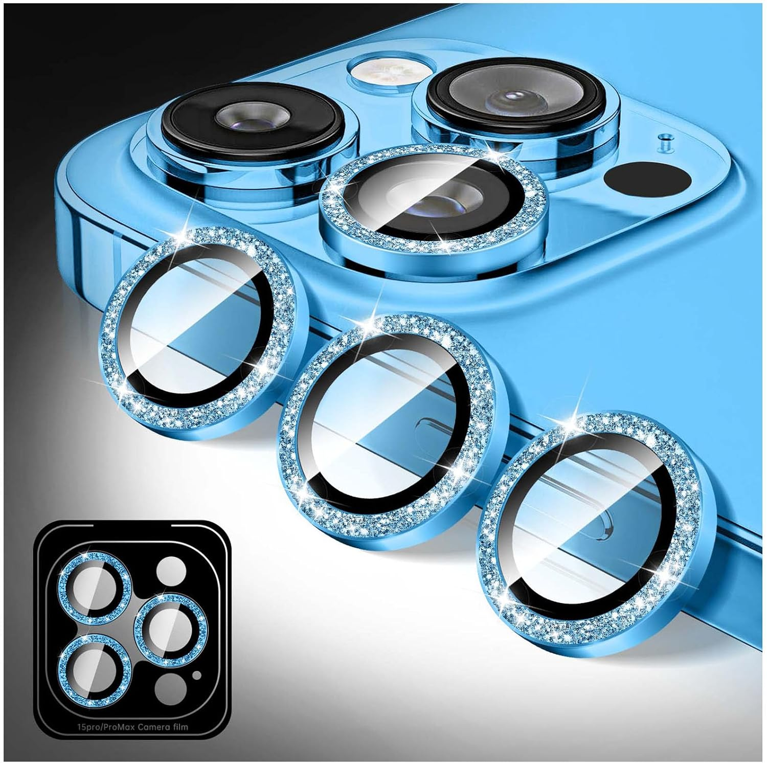 Kucheed Bling Camera Lens Protector for Iphone 14 Pro/Iphone 14 Pro Max, Glitter 9H Tempered Glass Camera Cover Film Stickers, Automatic Alignment Individual Metal Rings Phone Accessories