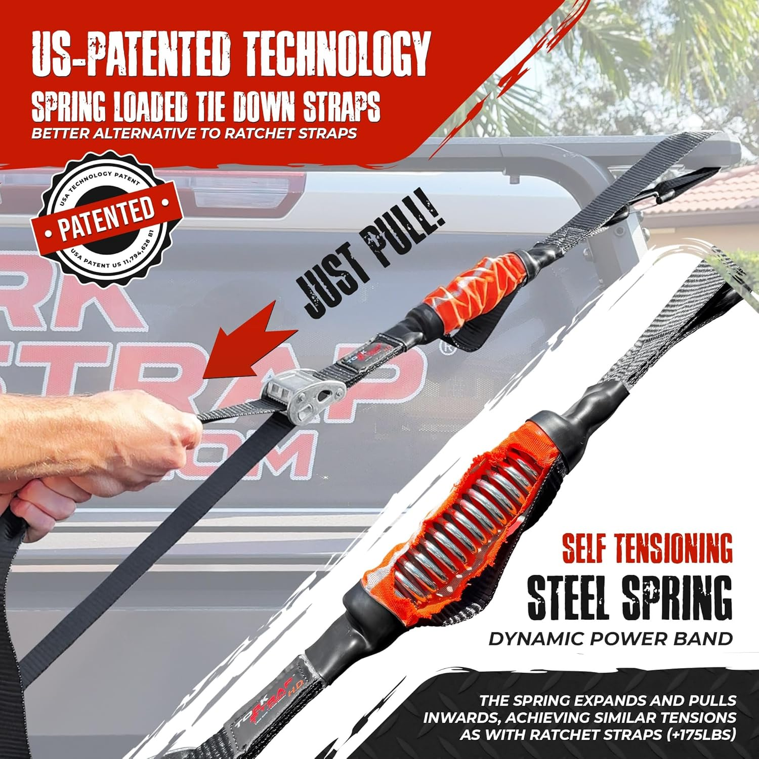 Torkstrap HD750 | 14'X1.5'' Spring Loaded Tie down Straps - Adapts to Load Shifts - Heavy Duty 2250Lbs Max Load - Just Pull Alternative to Ratchet Straps W/Hooks - Secure Motorcycles, Kayaks (2-Pack) image number 2