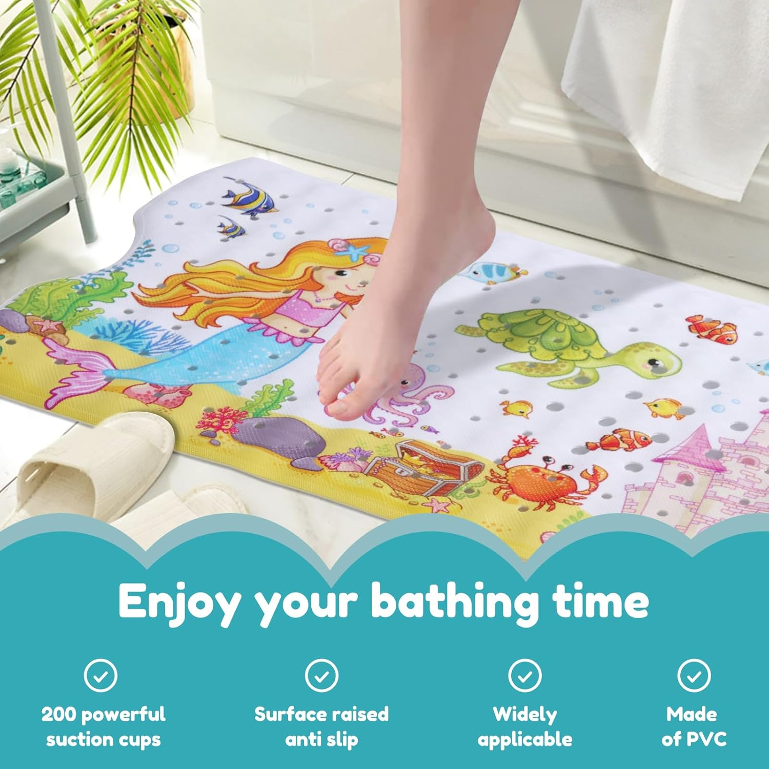 Baby Bath Mat Cartoon Kids Bathtub Mat Non Slip with Suction Cup Drain Holes 40X16In Toddler Shower Mat Machine Washable Bath Tub Shower Mat Reusable Bath Mat for Tub Bathroom (Mermaid Castle) - Mermaid Castle image number 6