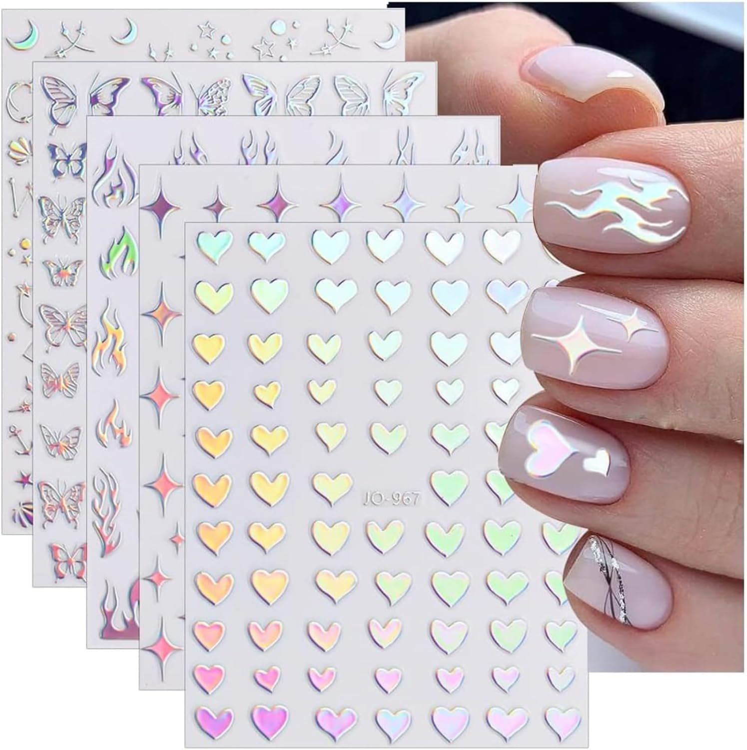 8 Sheets of Laser Nail Stickers 3D Holographic Laser Heart, Star, Moon, Flame, Flower, Butterfly Stickers Self-Adhesive Art Stickers DIY Design Decoration (8 Types) image number 5