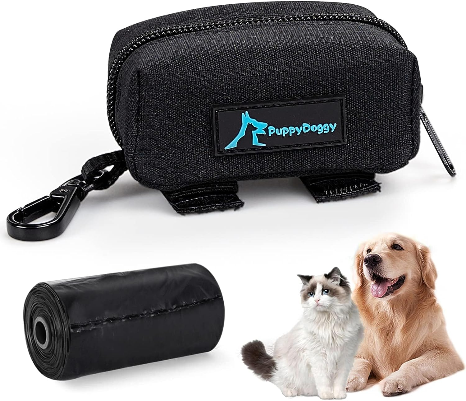 Puppydoggy Dog Poop Bag Holder for Leash Black Waste Bag Dispenser with 1 Roll of Free Poop Bags for Leash Accessory Bicycle (Black, 1 Pack)