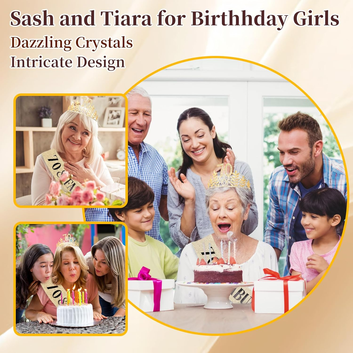 Chanaco 70Th Birthday Decorations for Women, 70 & Fabulous Sash and Crown, Gold 70 Year Old Gifts, Happy Birthday Tiara for Party Decor image number 4