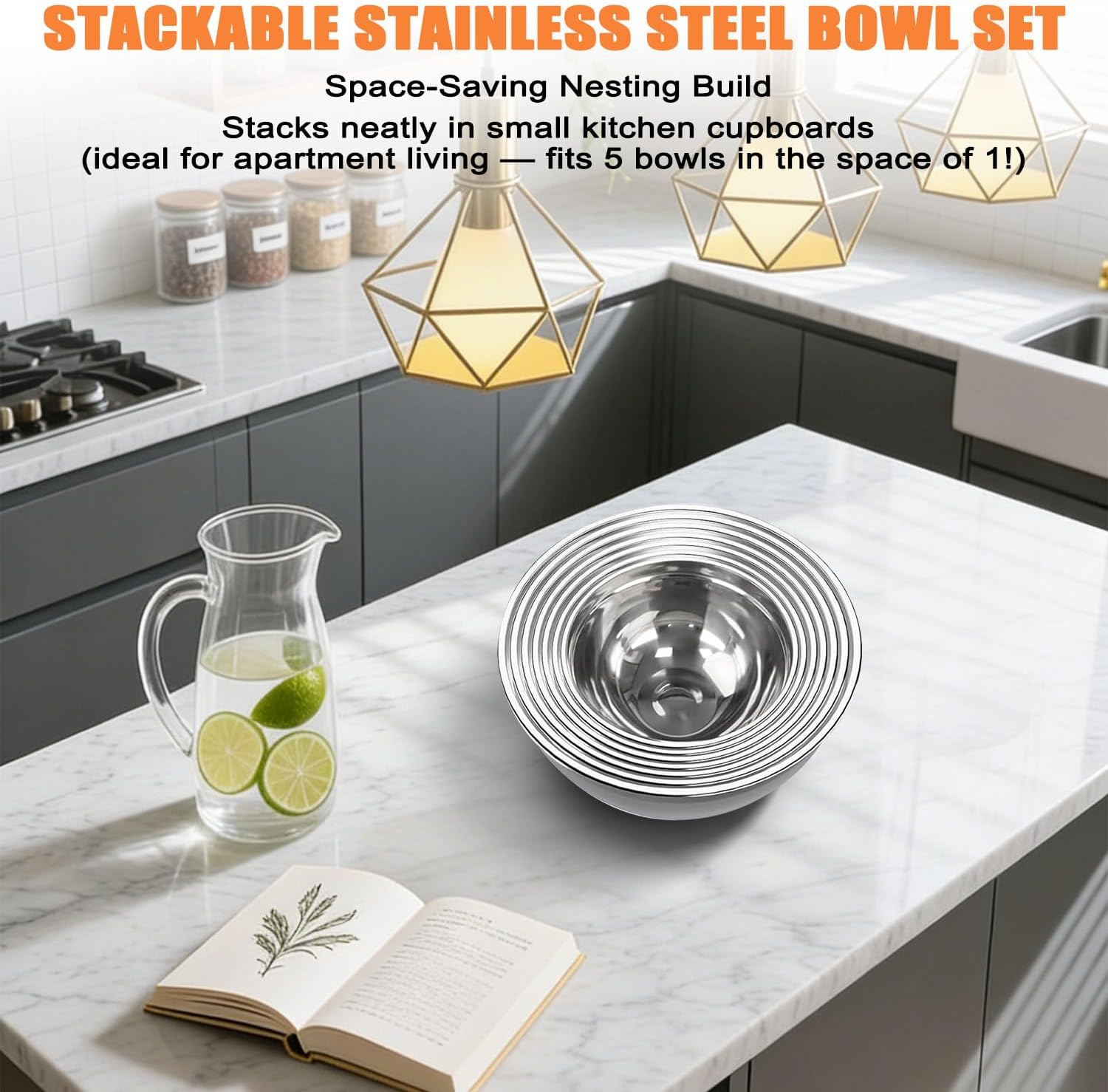 WEKUBA 5-Piece Stainless Steel Mixing Bowls Set with Lids, Non-Slip Silicone Base & 3 Grater Attachments &ndash; Stackable, Dishwasher Safe for Baking & Meal Prep image number 1