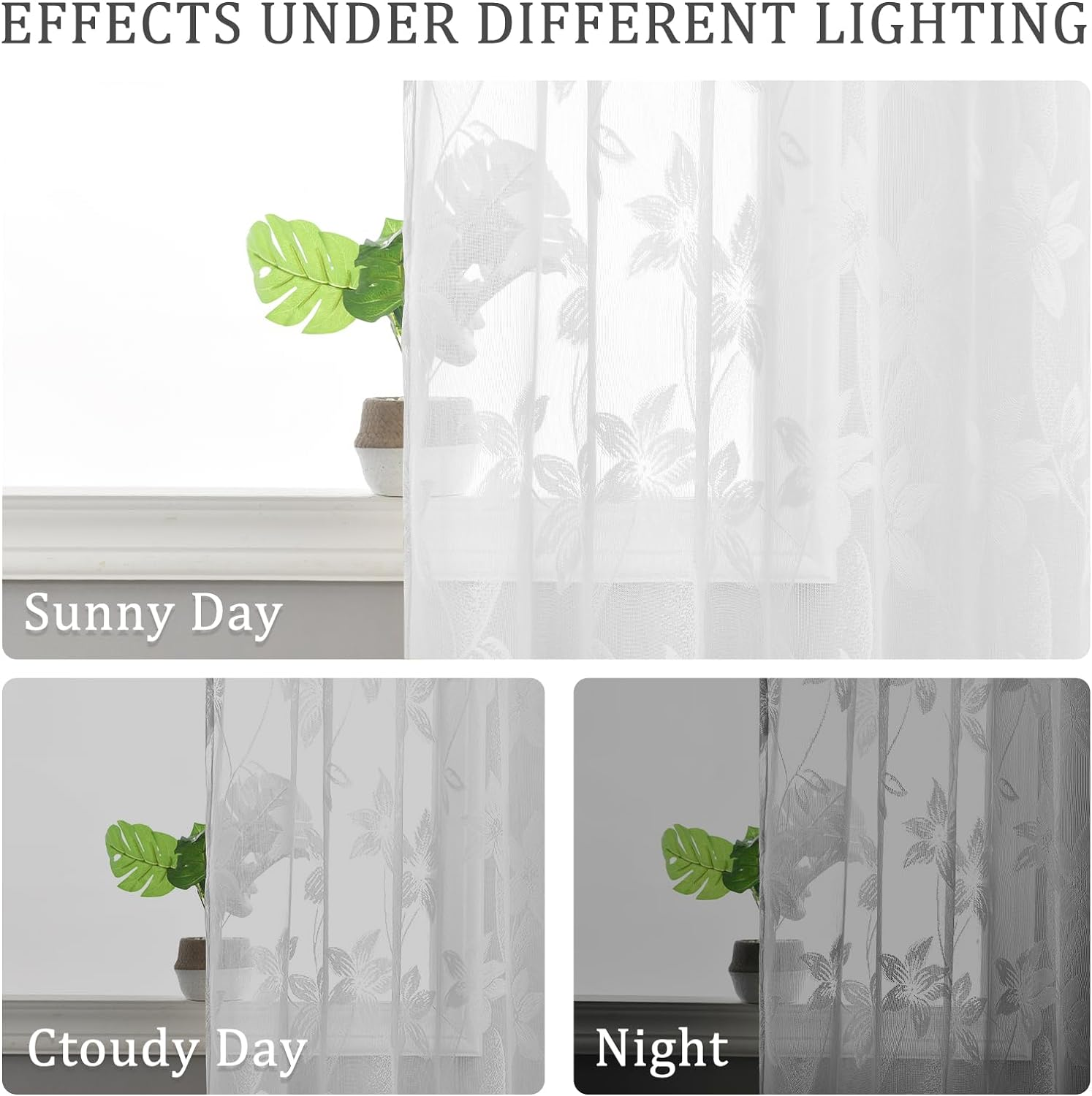 DWCN Sheer Curtains White Floral Lace Curtains Rod Pocket Window Curtains Drapes for Bedroom, Each W132 X D213 Cm, Set of 2 Panels image number 2