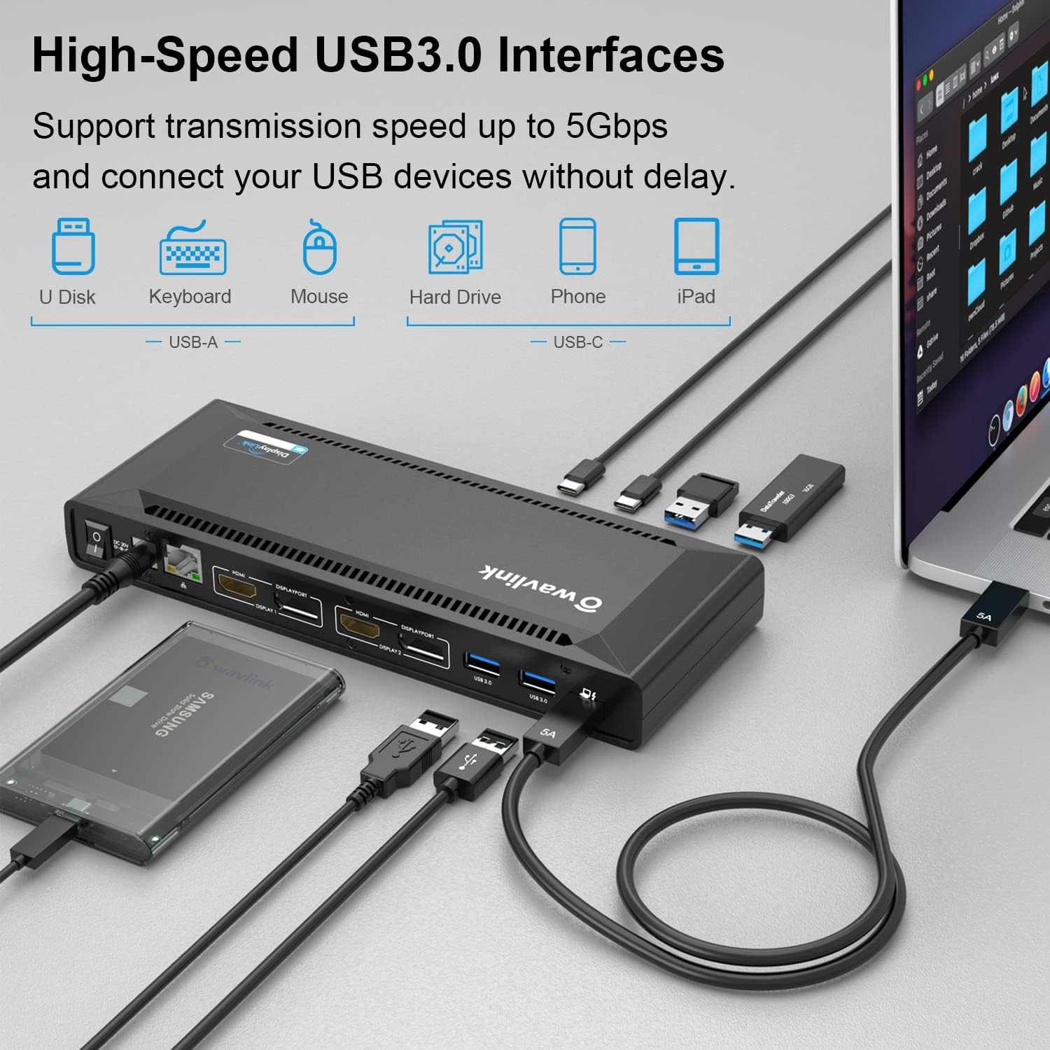 WAVLINK USB C Dual 4K Universal Laptop Docking Station with 100W Charging, Single 5K & Dual 4K @60Hz for Windows,Macos 10.14 Later,Ubuntu 20.04,22.04 ( 2Xdp 1.2, 2Xhdmi 2.0, 5Xusb 3.0, Lan,Audio) image number 1