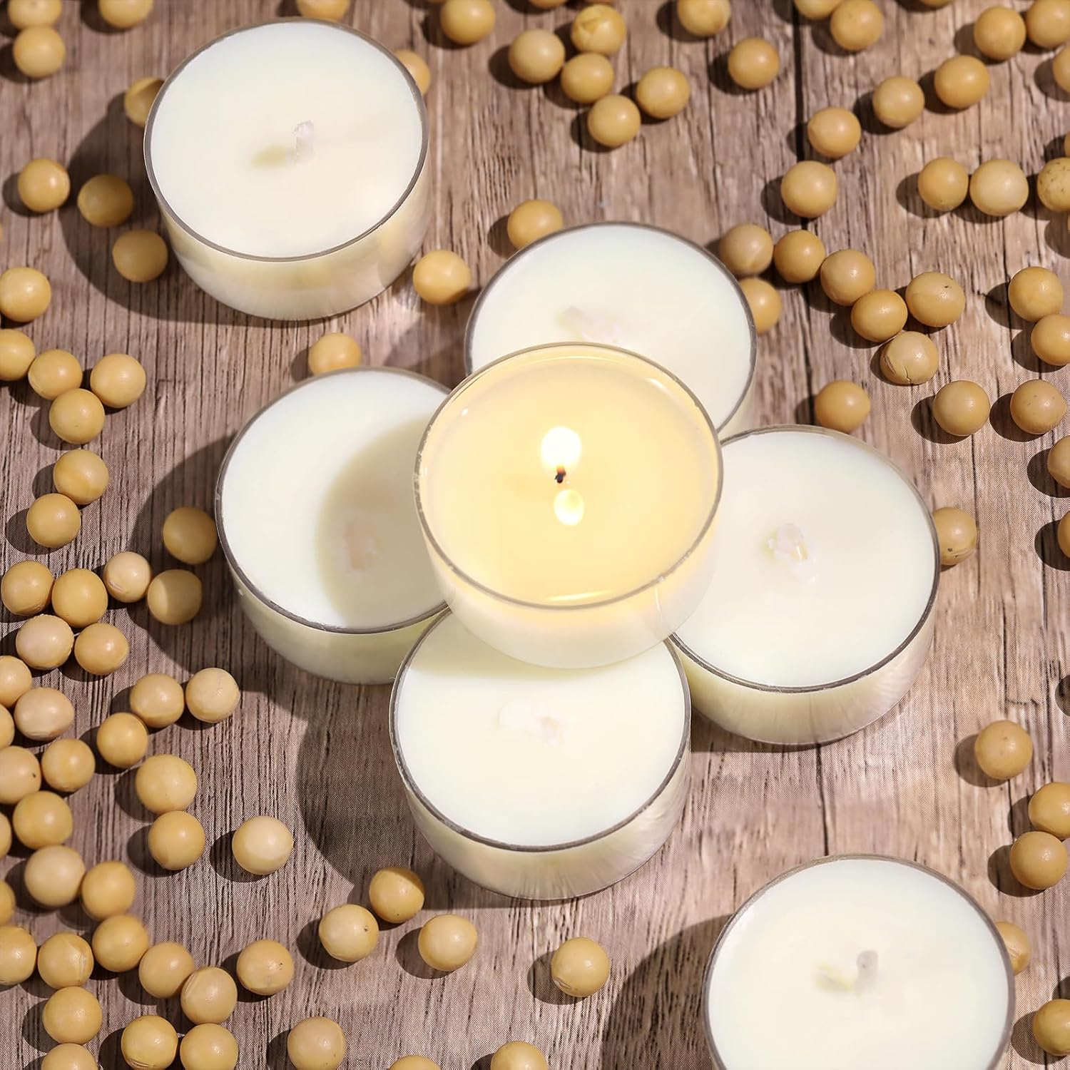 Simeitol 100 Pcs Soy Wax Tealight Candles (6 Hour Burn Time) White Unscented Votive Candles, Smokeless & Extended Burn Time Clear Cup Tea Lights for Weddings, Home, Emergencies image number 1